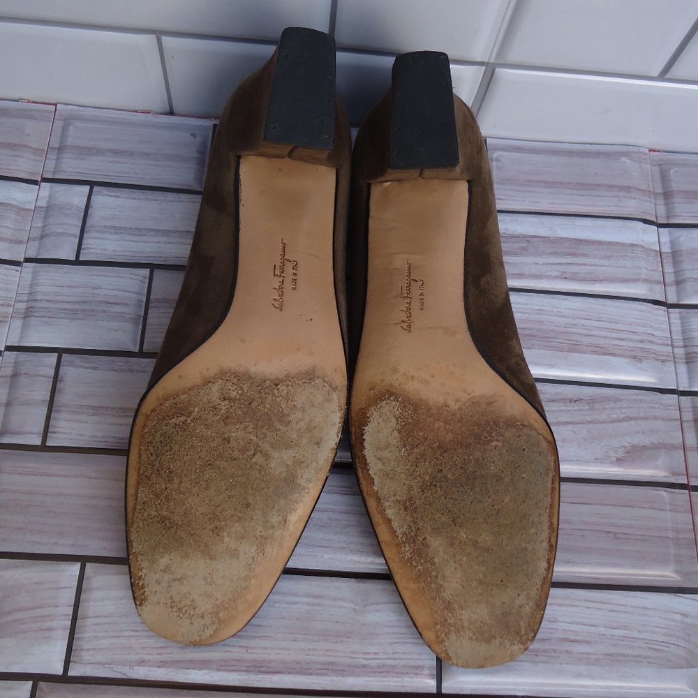 SIZE 6.5 B. Salvatore Ferragamo brown suede leather slip on heels. - Picture 14 of 16